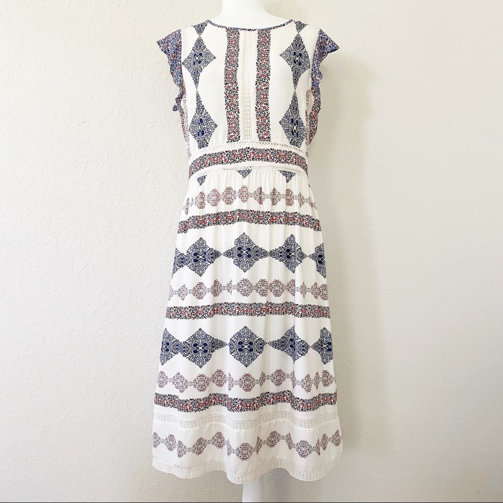 LOFT White Floral Midi Flutter Sleeve Lace Dress